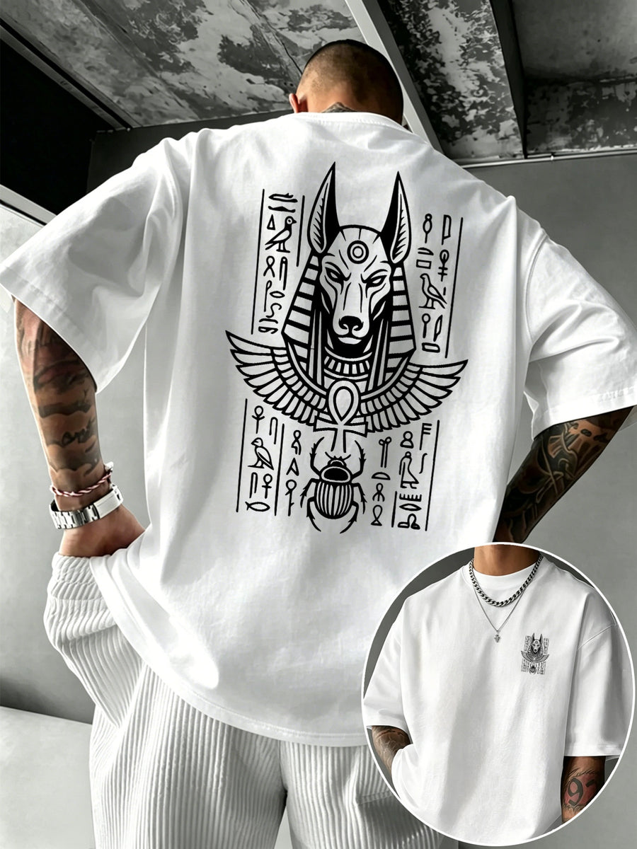 Men's 100% Pure Cotton T-Shirt with Anubis Scarab Egyptian Element Print, Casual, Comfortable, and Breathable for All Seasons - White