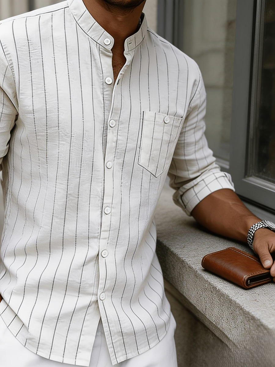 Men's Linen Long-Sleeve Striped Shirt for Spring, Autumn, and Summer, Suitable for Casual, Commuting, and Outings - White