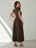 Women's Solid Color Stand Collar Puff Sleeve Pleated Long Casual Dress, Summer Dress - Coffee Brown