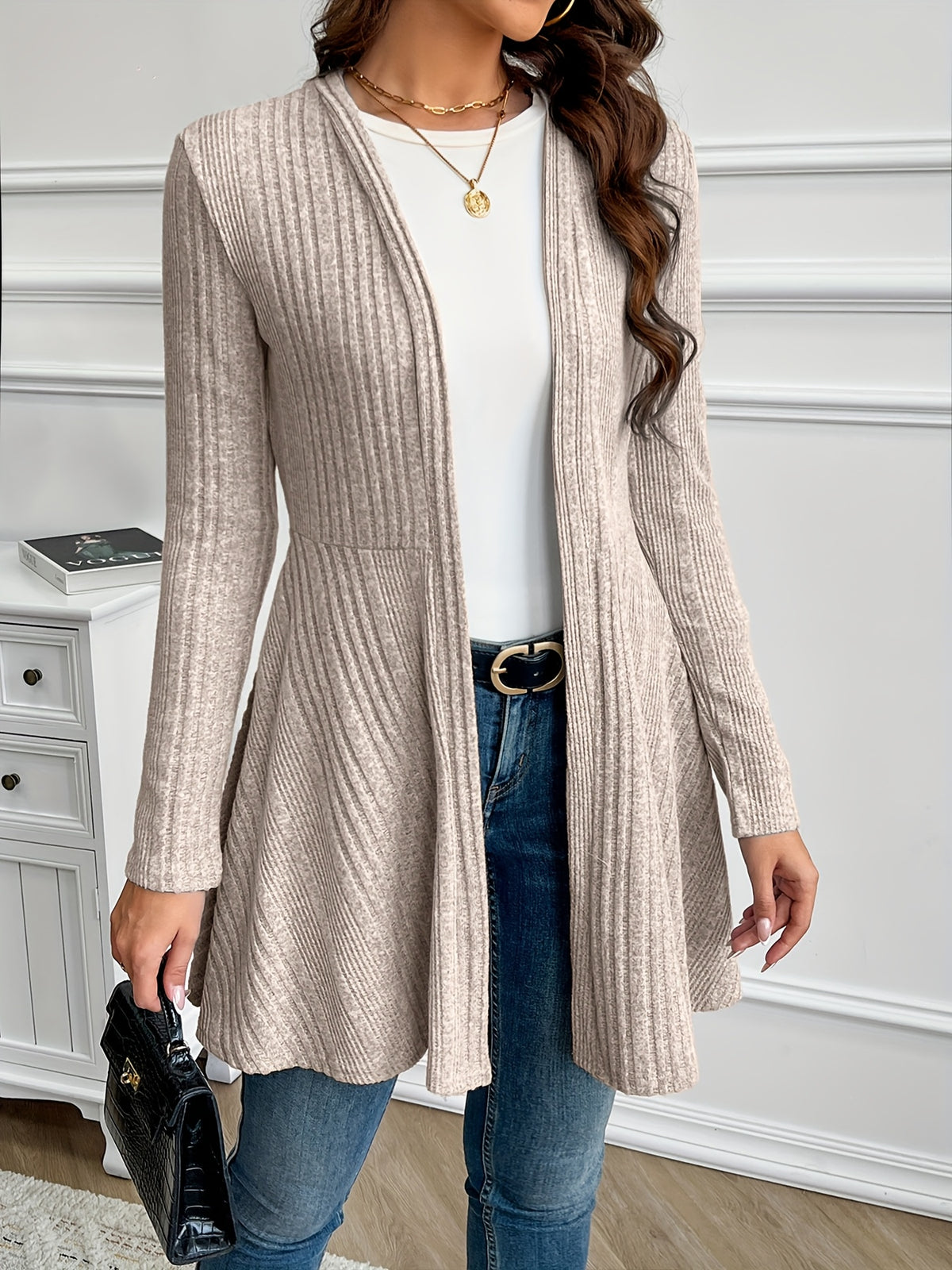 Plain Textured Loose Spring/Autumn Outerwear - Khaki