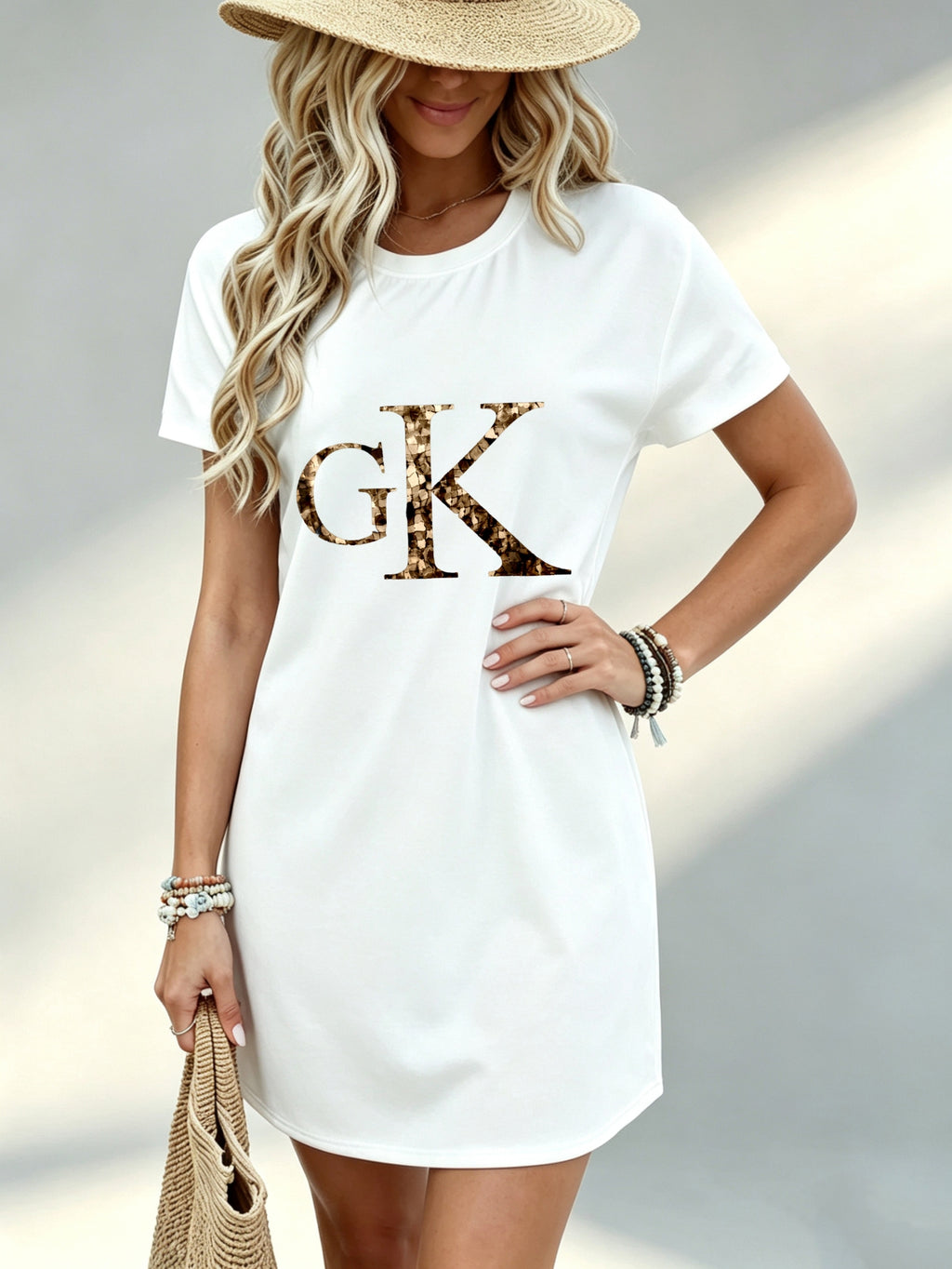 Printed Design Not Textured, Casual Style, Women Dress, GK Letter Print, Daily Wear, Gift for Her, 100 Percent - White