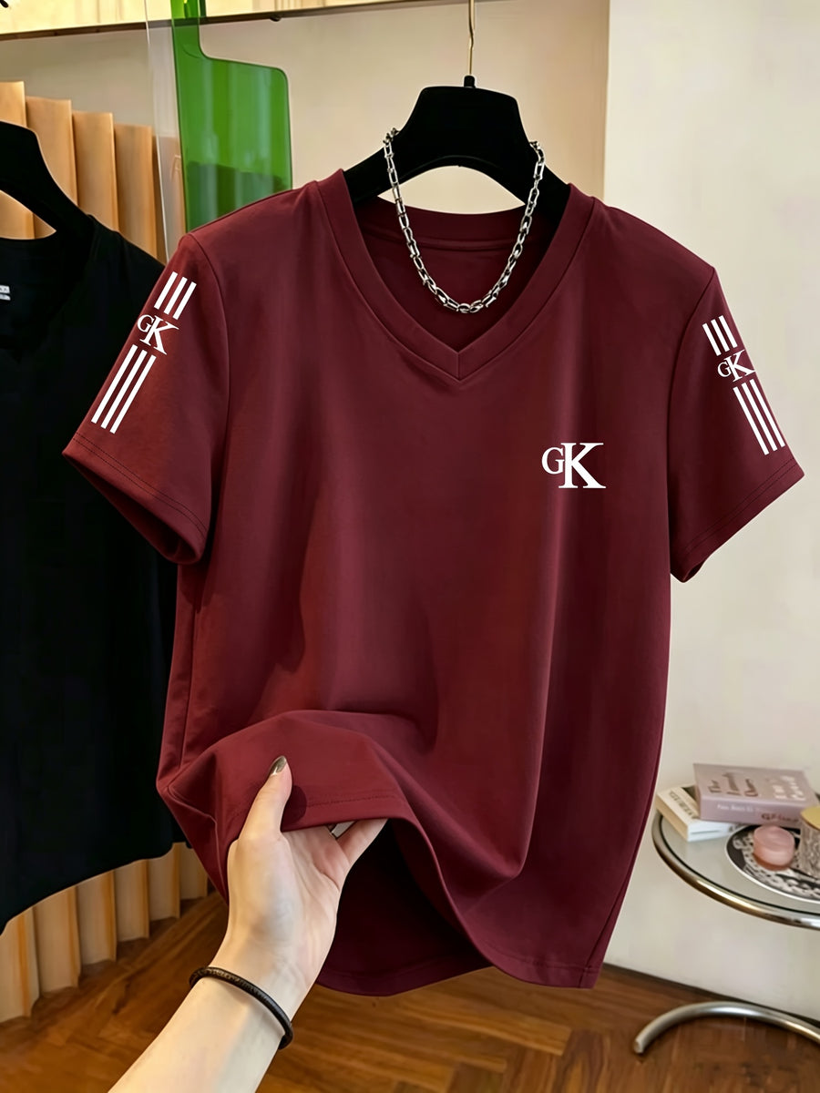 V-Neck Short-Sleeve T-Shirt with GK Letter & Striped Print - Casual Basic Top, Non- Opaque Shirt Suitable for Spring Summer Wardrobe, Machine Washable Casual Attire for Office, Layering & Transitional Outfits - Burgundy
