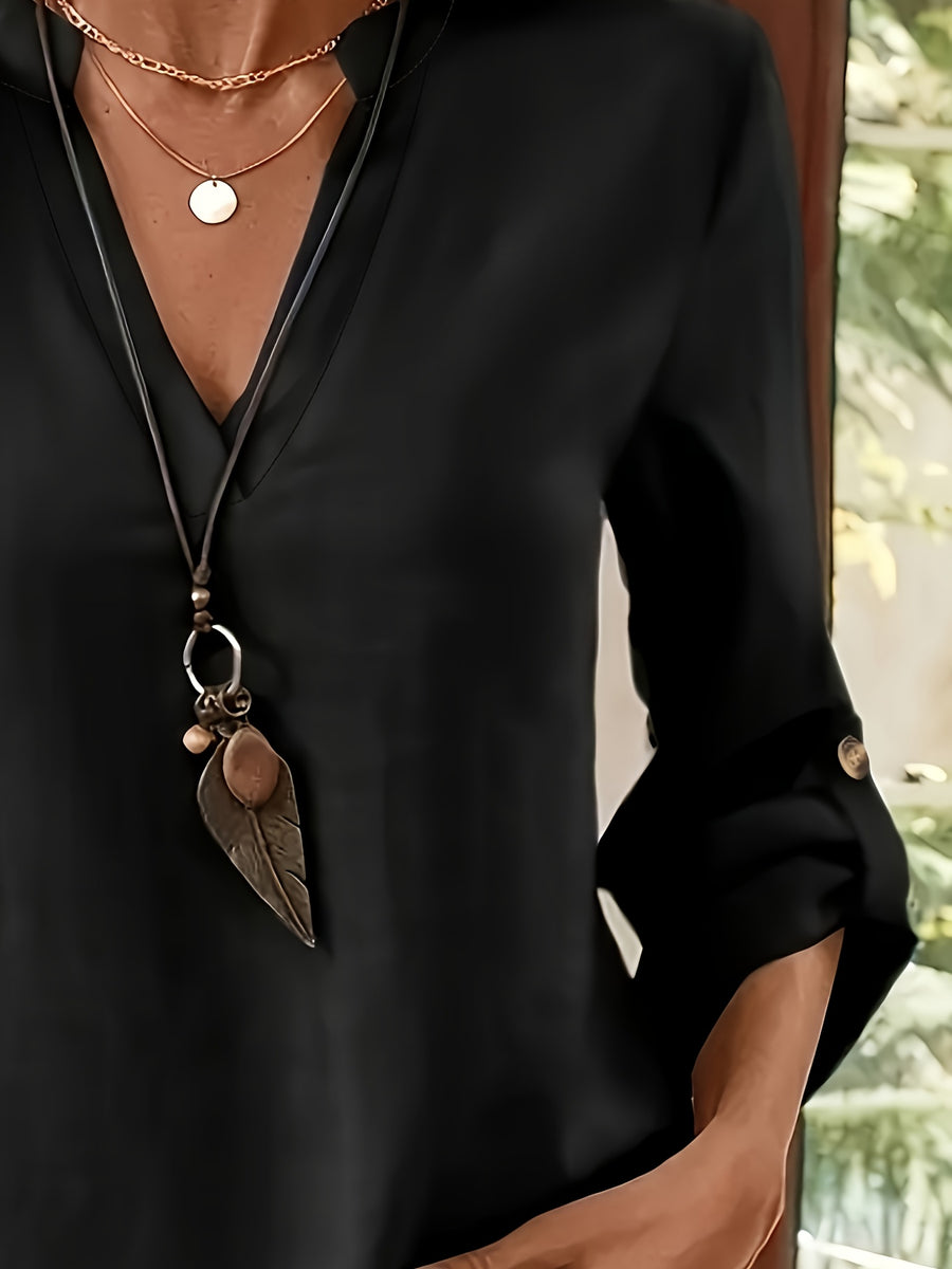 Women's V-neck Loose Fit Casual Spring/Autumn Long Sleeve Solid Color Shirt, Drop Shoulder Sleeves, Fashionable Vintage Simple Versatile Women's Clothing - Black