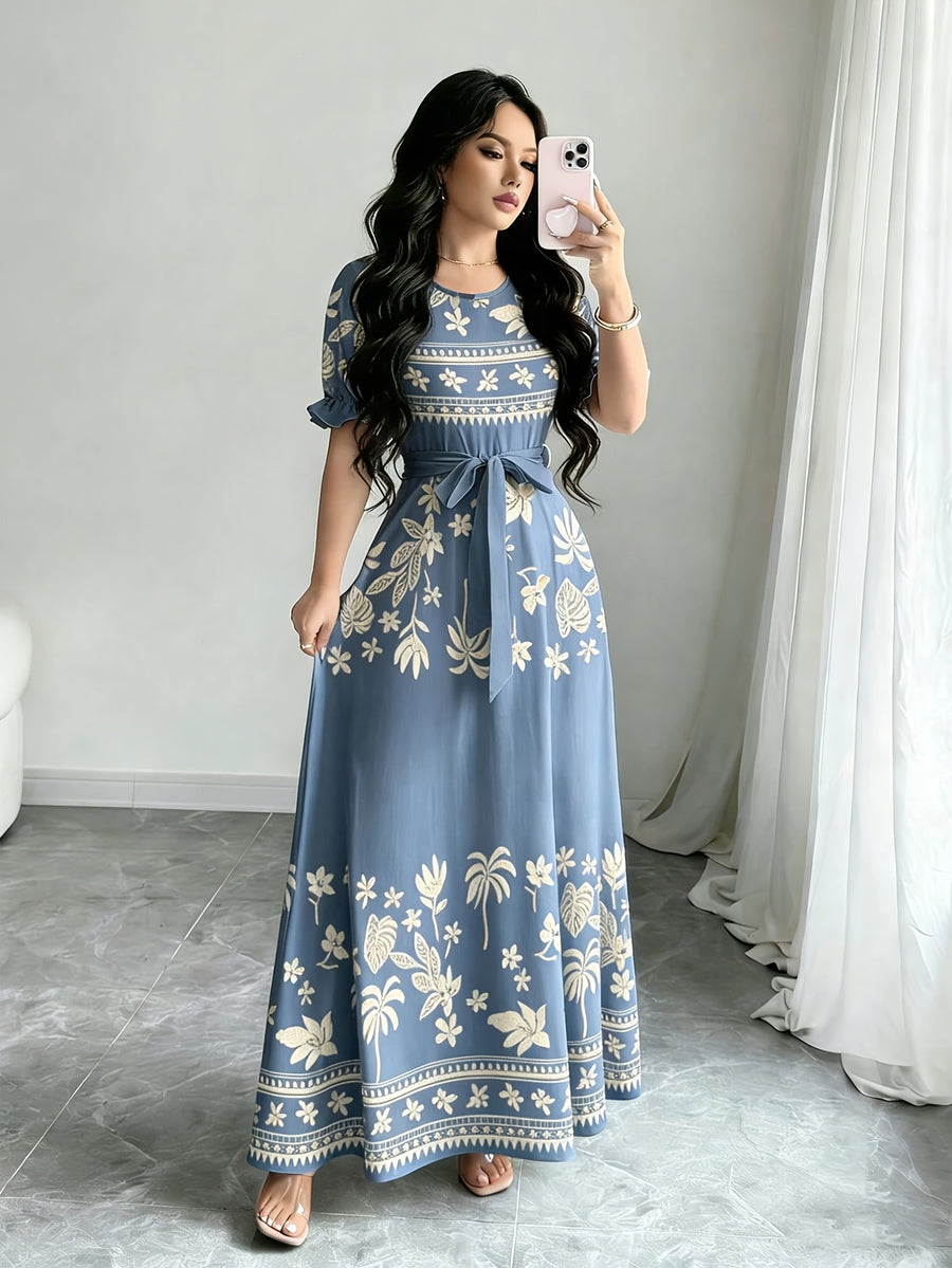 Holiday Gathering Vacation Dress Printed Dress Women'S Fashion Round Neck Short Puff Sleeve Skirt Design with Belt Waist-Cinching Long Dress Elegant Summer Dress ASD1 - Bright Steel Blue