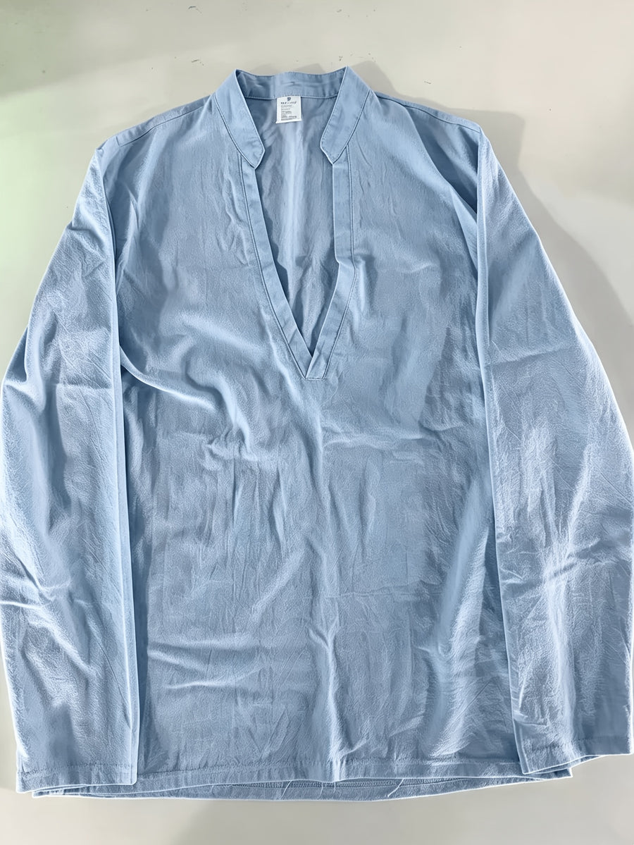 Men's Stand-Up V-Neck Half-Open Placket Linen Long-Sleeve Shirt, Solid Color Basic Style, Suitable for Beach Vacations, Daily Outings, and Casual Gatherings, Can Be Worn Alone or as an Inner Shirt - Blue