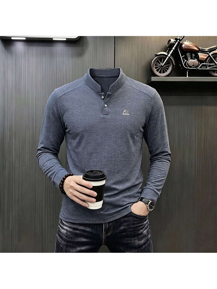 Men'S Henley Collar Vertical Stripe Stretch Long Sleeve T-Shirt - Dark Gray