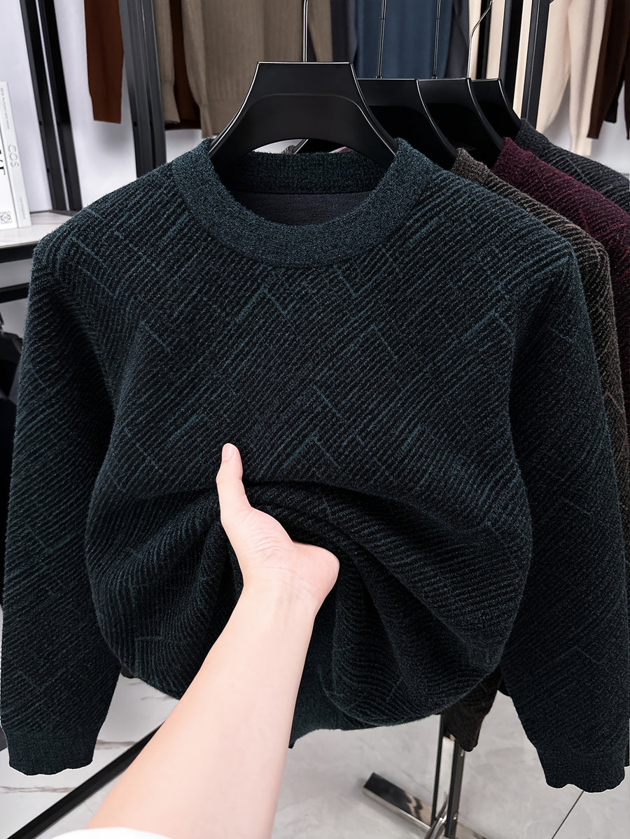 Men'S Semi-High Neck Sweater Autumn Winter Fleece Thick Warm Knitwear Middle-Aged Jacquard Pullover Base Layer - Dark Green