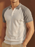 Men'S Color-Block Knit Polo Shirt, Summer Off-Shoulder Short Sleeve Top, Casual Versatile Breathable Base Layer, Light Mature Style Men'S POLO Sweater - White