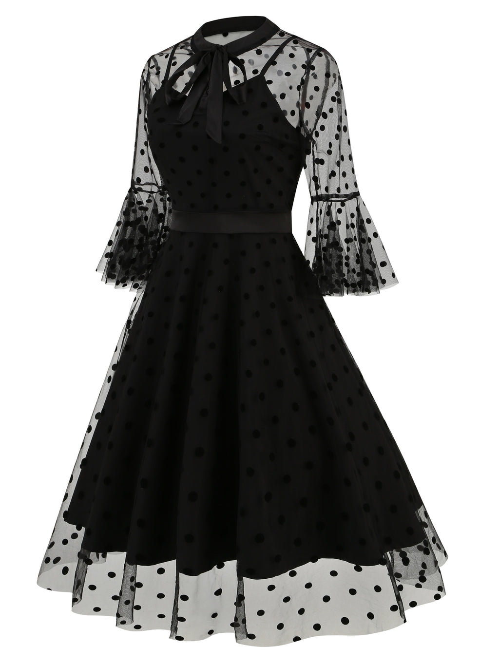 Vintage Mesh Embroidered Patchwork Mid-Sleeve Gothic Dark Evening Gown, for Gatherings, Parties, Dress, Evening Dress, Gown - Black Polka Dots