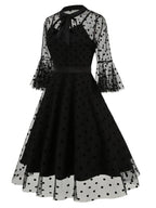 Vintage Mesh Embroidered Patchwork Mid-Sleeve Gothic Dark Evening Gown, for Gatherings, Parties, Dress, Evening Dress, Gown - Black Polka Dots