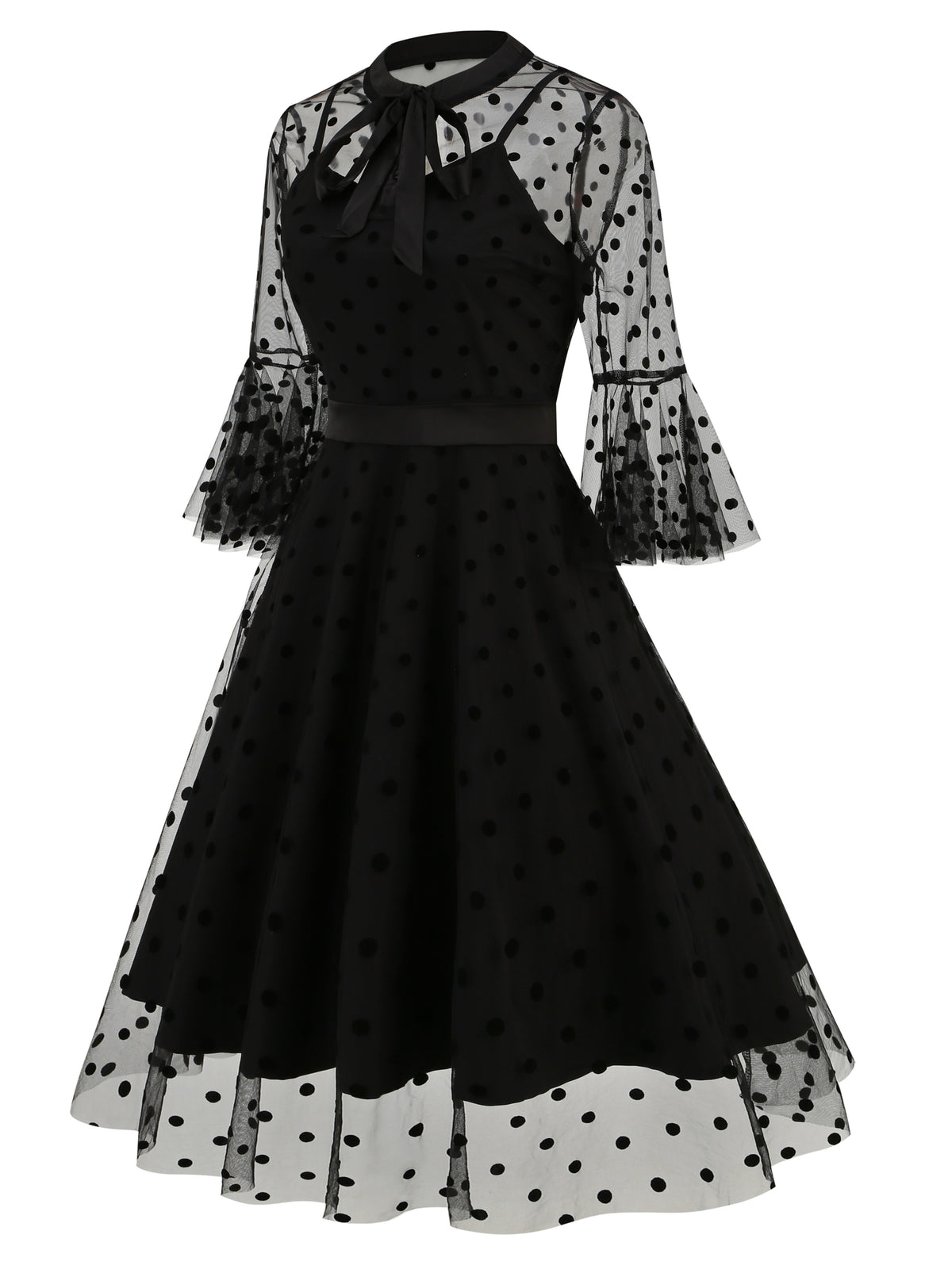 Vintage Mesh Embroidered Patchwork Mid-Sleeve Gothic Dark Evening Gown, for Gatherings, Parties, Dress, Evening Dress, Gown - Black Polka Dots