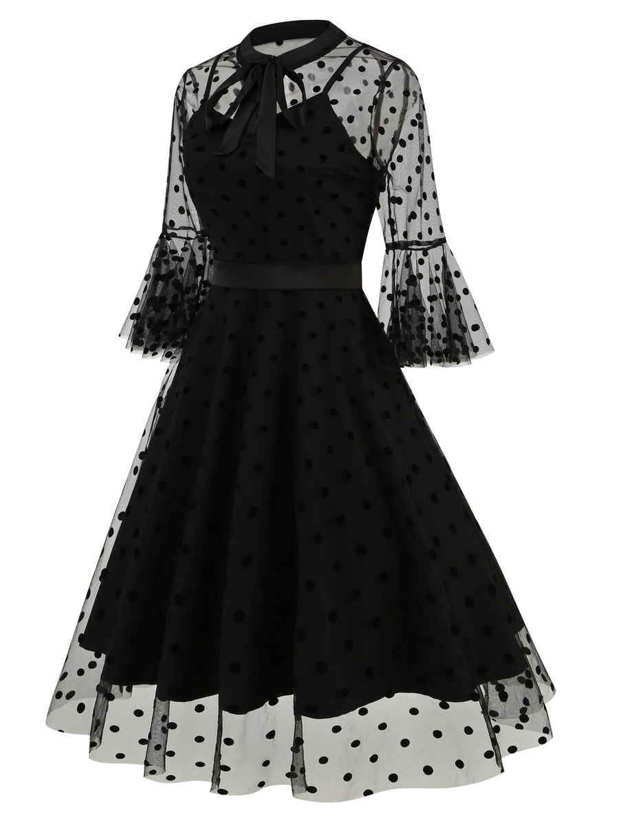 Vintage Mesh Embroidered Patchwork Mid-Sleeve Gothic Dark Evening Gown, for Gatherings, Parties, Dress, Evening Dress, Gown - Black Polka Dots