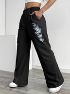Women's Elastic Waist Straight Leg Pants with Butterfly Pattern, Korean Style Commuter Fashion, Wrinkle- and No Ironing, Petite Friendly, and Concealing, Cross-Border, Elegant Women's Autumn Clothing, Flash - Black
