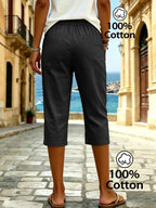Women's Summer Solid Color Relaxed Fit Casual Mid-Length Pants, Made of Pure Fabric, with Elastic Waistband and Pockets. Loose-Fitting Mid-Length Pants, Suitable for Vacation and Daily Wear - Black