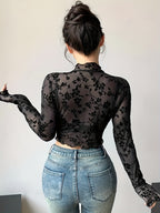 Flocked Print Scalloped Hem Long Sleeve T-Shirt, Spring/Autumn Women's Stretch Mesh T-Shirt - Black