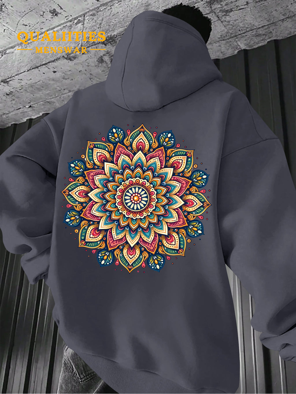 Men's "Mandala" Print Hooded Sweatshirt - Relaxed Fit, Simple and Distinctive Design, Loose Cut for Comfort and Style, Machine Washable Casual Pullover for Autumn/Winter, Suitable for Casual Wear, Hooded Sweater, Winter Apparel, Fashionable Design - Dark Gray