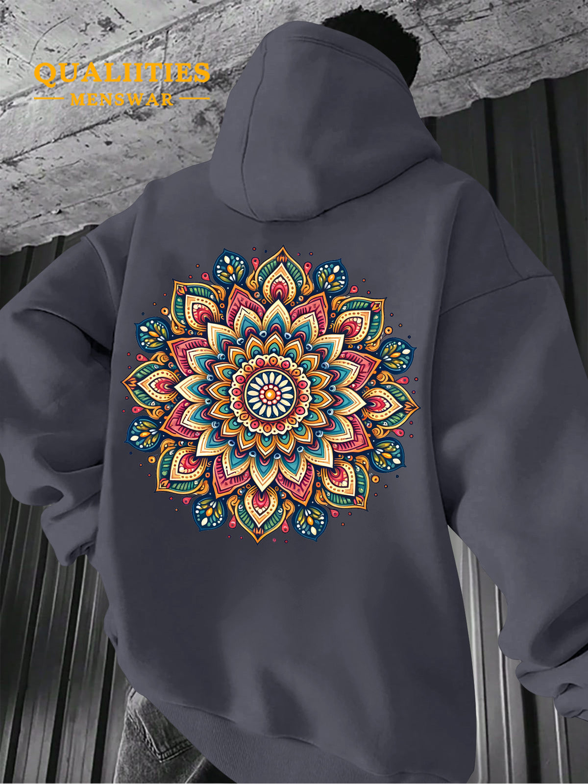 Men's "Mandala" Print Hooded Sweatshirt - Relaxed Fit, Simple and Distinctive Design, Loose Cut for Comfort and Style, Machine Washable Casual Pullover for Autumn/Winter, Suitable for Casual Wear, Hooded Sweater, Winter Apparel, Fashionable Design - Dark Gray
