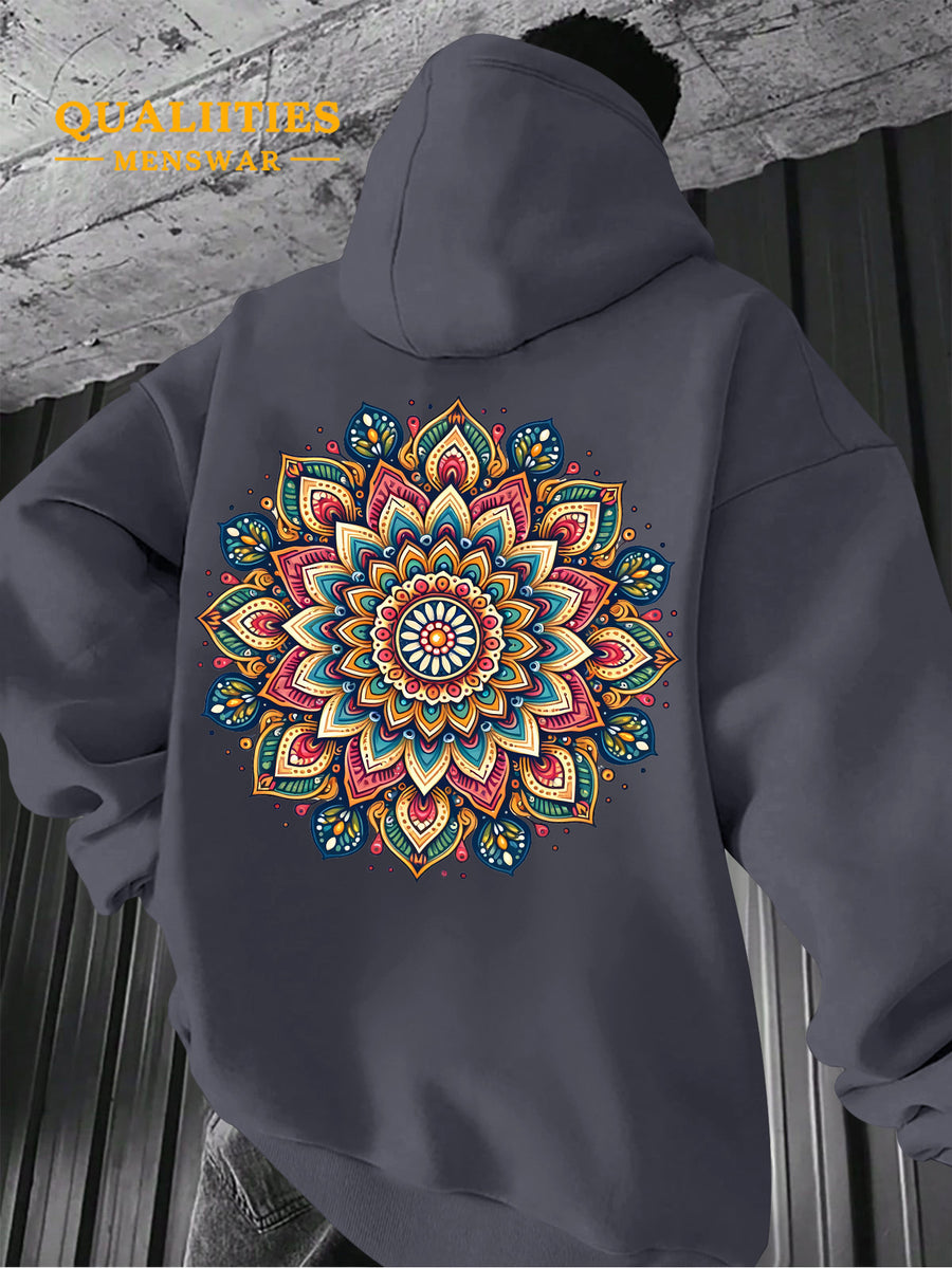 Men's "Mandala" Print Hooded Sweatshirt - Relaxed Fit, Simple and Distinctive Design, Loose Cut for Comfort and Style, Machine Washable Casual Pullover for Autumn/Winter, Suitable for Casual Wear, Hooded Sweater, Winter Apparel, Fashionable Design - Dark Gray