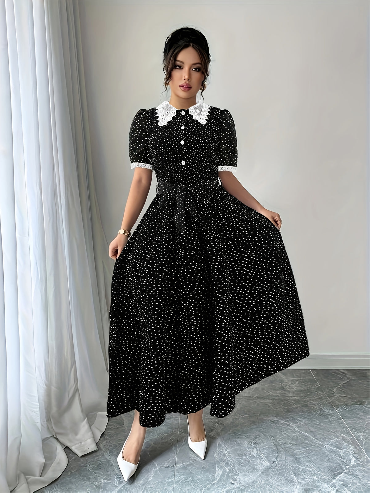 Elegant Lace-trimmed Polka Dot Color-block Long Dress with Waist Tie for a Fit - Black