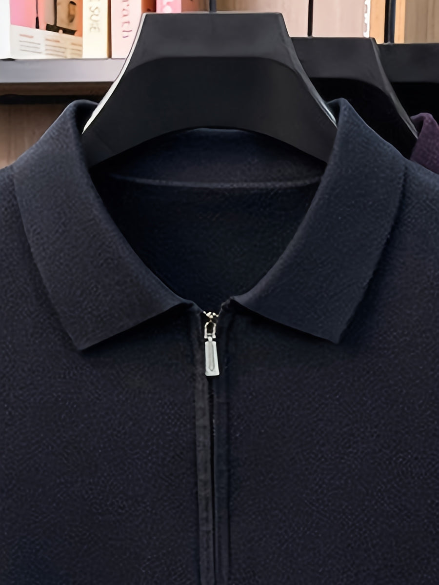Men's Polo Collar Half-Zip Knit Sweater, Solid Color Minimalist Light Business Knit Pullover, Suitable for Spring, Autumn, and Early Winter, for Commuting and Casual Wear - SINBOS - Navy blue color