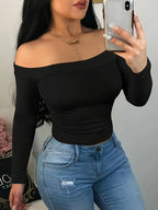 Spring And Autumn New Fashion, Elegant And Sexy, Suitable for Daily Wear, Commuting, And Dates. Versatile Black Off-Shoulder Long Sleeve Top That Flatters The Figure. Slim Fit And Stylish, a Must-Have for Going Out - Black