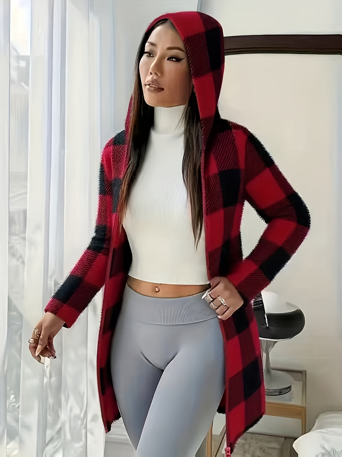 Plaid Printed Double-Faced Plush Hooded Zipper Cardigan Casual Women'S Autumn Winter Plush Coat - Brick Red