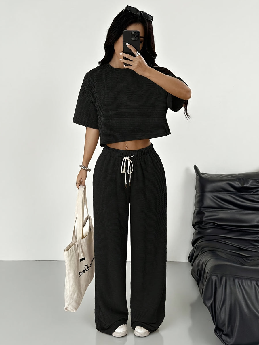 Women'S Spring/Summer Fashion T-Shirt And Pants 2pcs Set - Black