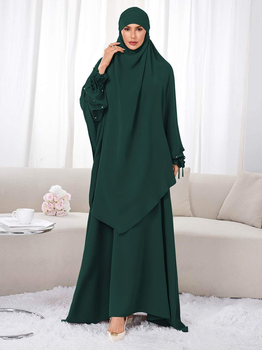 Women's 2pcs Modest Islamic Abaya & Khimar Suit - Elegant Full Coverage Prayer Dress with Headscarf, Pure Color Muslim Dress Suitable for Daily Wear, Hajj, Ramadan, Travel - Abaya Robe for Muslim Women - Dark Green