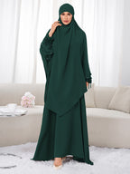 Women's 2pcs Modest Islamic Abaya & Khimar Suit - Elegant Full Coverage Prayer Dress with Headscarf, Pure Color Muslim Dress Suitable for Daily Wear, Hajj, Ramadan, Travel - Abaya Robe for Muslim Women - Dark Green