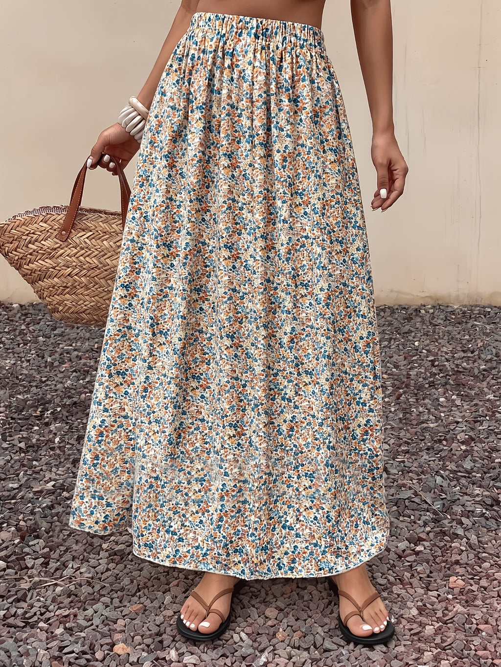 Women's Summer Elegant Vacation Floral Print Skirt, Elastic Waistband, Bohemian Style Maxi Skirt - Apricot