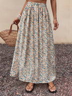 Women's Summer Elegant Vacation Floral Print Skirt, Elastic Waistband, Bohemian Style Maxi Skirt - Apricot