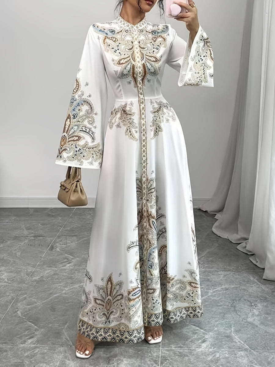 Women's Elegant Middle Eastern-Inspired Floral Print Dress - Long Sleeve Knee-Length Loose Fit with Small Stand-Up Collar & Button Front, All-Season Casual Vacation Resort Wear, Long Sleeve Maxi Dress, No Stretch Fabric - White