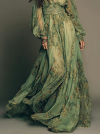 Vintage Green Bohemian Floral Print Ruffle Hem Maxi Dress - Mixed colors