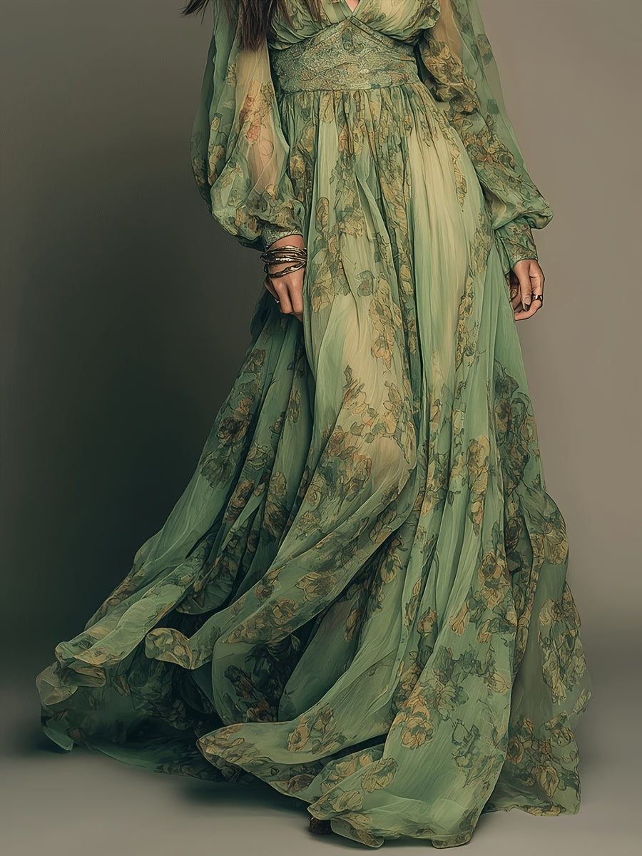 Vintage Green Bohemian Floral Print Ruffle Hem Maxi Dress - Mixed colors