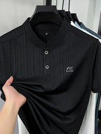 Men's Summer Short-Sleeve Henley Neck T-Shirt - Breathable Base Layer Shirt with Asymmetric Collar, Stand Collar Suitable for Business Casual Wear, Machine Washable Solid Color Top for Office, Outdoor & Daily Work Scenes - Black