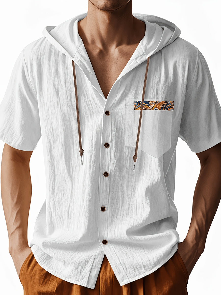 Men's Short Sleeve Hooded Shirt, Casual Button Hoodie Top with Chest Pocket, Lightweight Breathable Summer Shirt for Beach Vacation, Travel, Resort Wear, Outdoor Leisure, Streetwear Style and Daily Casual Outfit - White