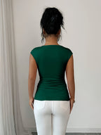 Spring/Summer Fashionable and Elegant Ruffle Pleat Collar Daily Casual T-Shirt - Green