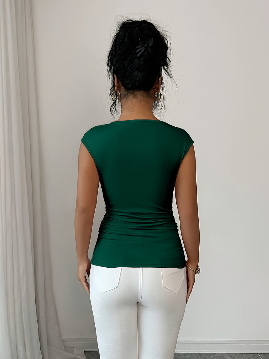 Spring/Summer Fashionable and Elegant Ruffle Pleat Collar Daily Casual T-Shirt - Green