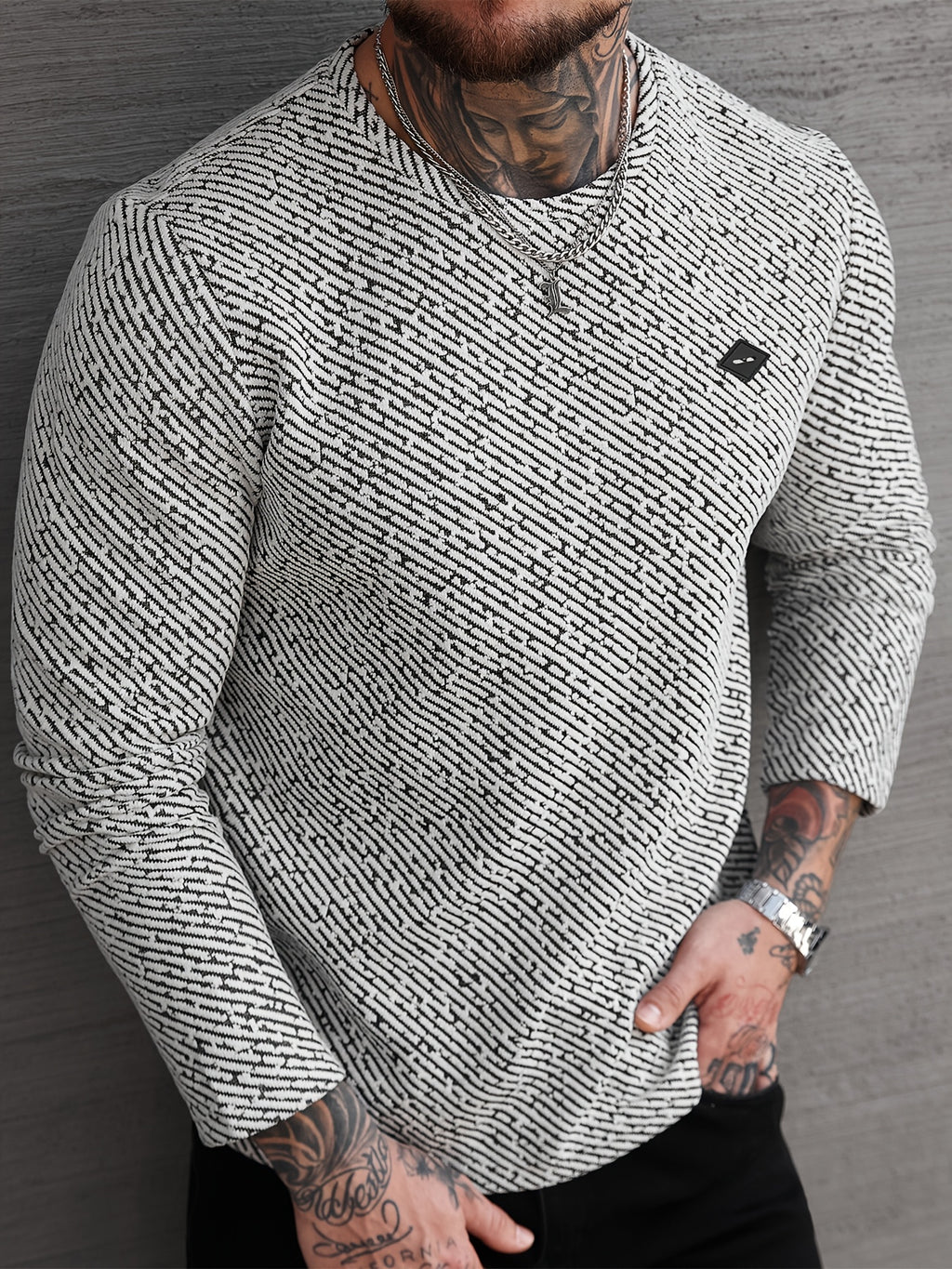 [Shu Le Shui OBM] Spring And Autumn New Men'S Sweatshirt Pullover Jacquard Fabric Sports Casual Outdoor Jogging Fitness Training Long Sleeve Sweatshirt - Black