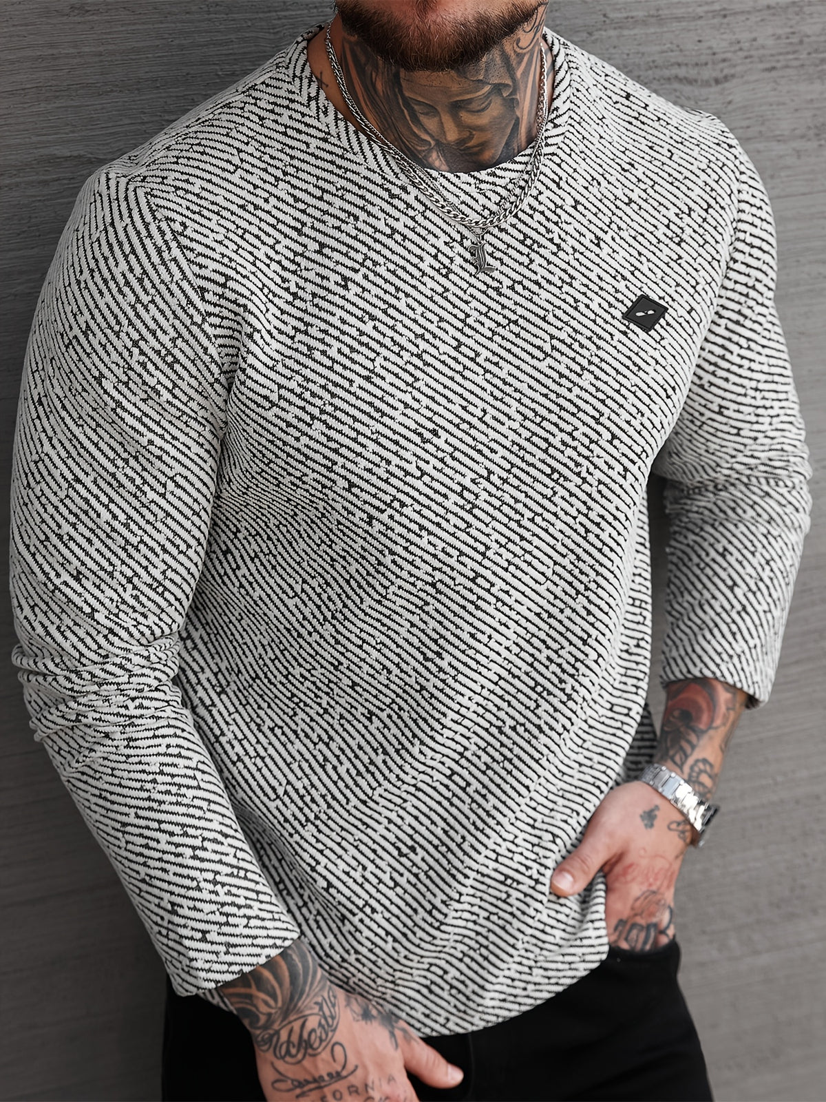 [Shu Le Shui OBM] Spring And Autumn New Men'S Sweatshirt Pullover Jacquard Fabric Sports Casual Outdoor Jogging Fitness Training Long Sleeve Sweatshirt - Black