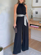 Women'S Spring Summer Black Satin Halter Neck Sleeveless Wide-Leg Jumpsuit with Polka Dot Belt, Light Mature Style Elegant Commuter Trousers - Black