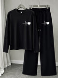Heartbeat ECG Heart Pattern Print, American Vintage Korean-Style Relaxed Fit Women's Loose Crew Neck Long Sleeve Top and Drawstring Straight-Leg Wide-Leg Pants 2pcs Set, Simple Casual Sportswear, and Flattering on All Body Types, Versatile for All - Black+black