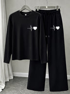 Heartbeat ECG Heart Pattern Print, American Vintage Korean-Style Relaxed Fit Women's Loose Crew Neck Long Sleeve Top and Drawstring Straight-Leg Wide-Leg Pants 2pcs Set, Simple Casual Sportswear, and Flattering on All Body Types, Versatile for All - Black+black