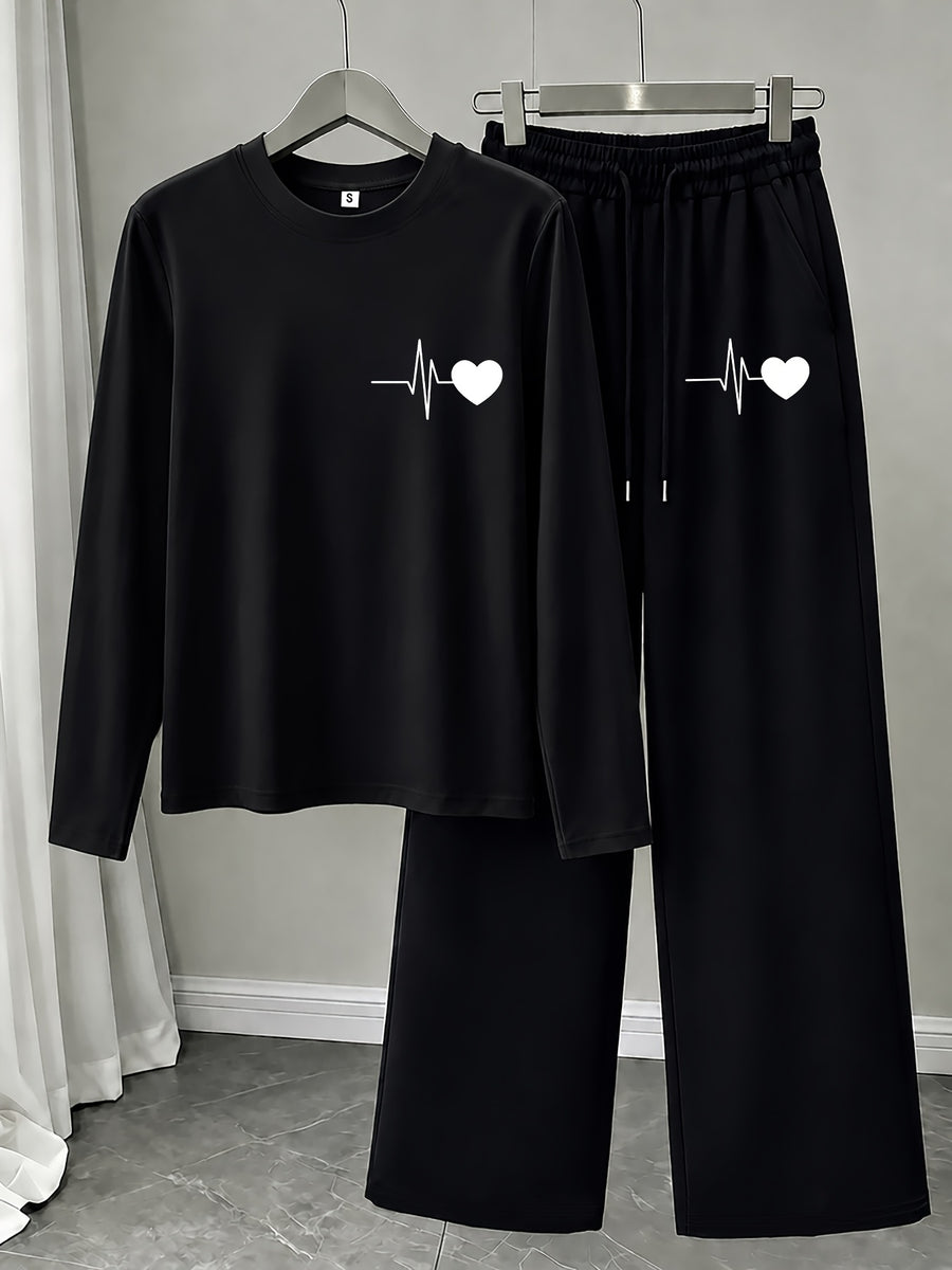 Heartbeat ECG Heart Pattern Print, American Vintage Korean-Style Relaxed Fit Women's Loose Crew Neck Long Sleeve Top and Drawstring Straight-Leg Wide-Leg Pants 2pcs Set, Simple Casual Sportswear, and Flattering on All Body Types, Versatile for All - Black+black