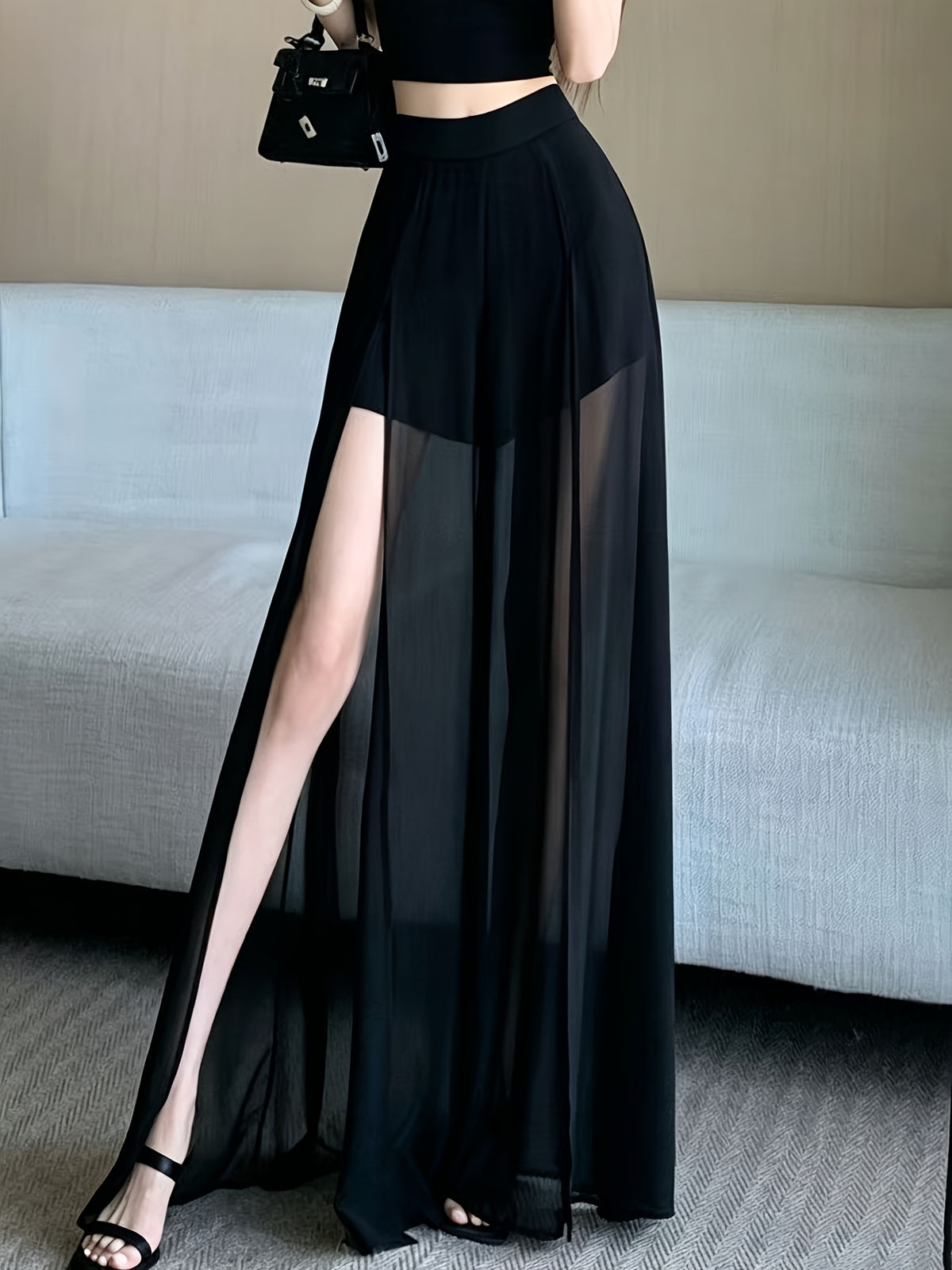 High-slit Women's Loose 2-in-1 Look Mesh-paneled Wide-leg Pants, Sexy Semi-sheer Slit Pants, Loose Casual Versatile Style, Available in Black and White, This Year's Trendy New Versatile Style - Black
