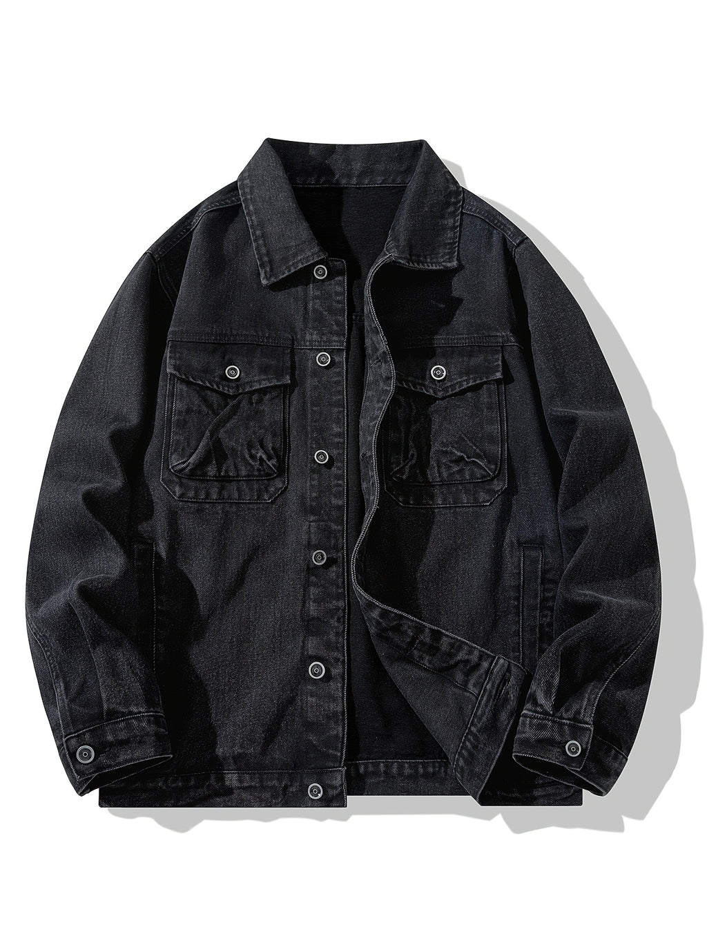Men's Loose Fit Denim Jacket, Casual Street Style Multi-Pocket Long-Sleeve Cargo Jacket, Classic Vintage Washed Rugged Wear Durable Trucker Jacket, Breathable Comfy Outdoor Work Coat for Fishing Hiking Camping Climbing, Jeans Jacket - Denim Black