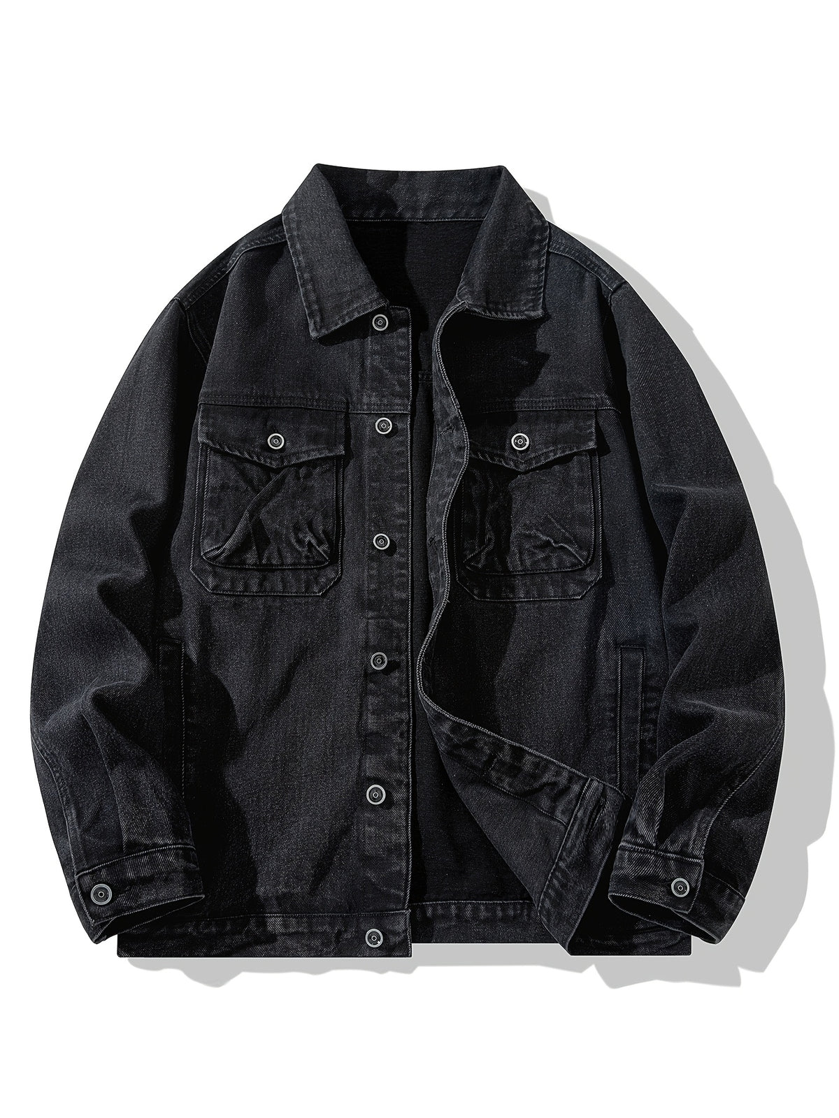 Men's Loose Fit Denim Jacket, Casual Street Style Multi-Pocket Long-Sleeve Cargo Jacket, Classic Vintage Washed Rugged Wear Durable Trucker Jacket, Breathable Comfy Outdoor Work Coat for Fishing Hiking Camping Climbing, Jeans Jacket - Denim Black