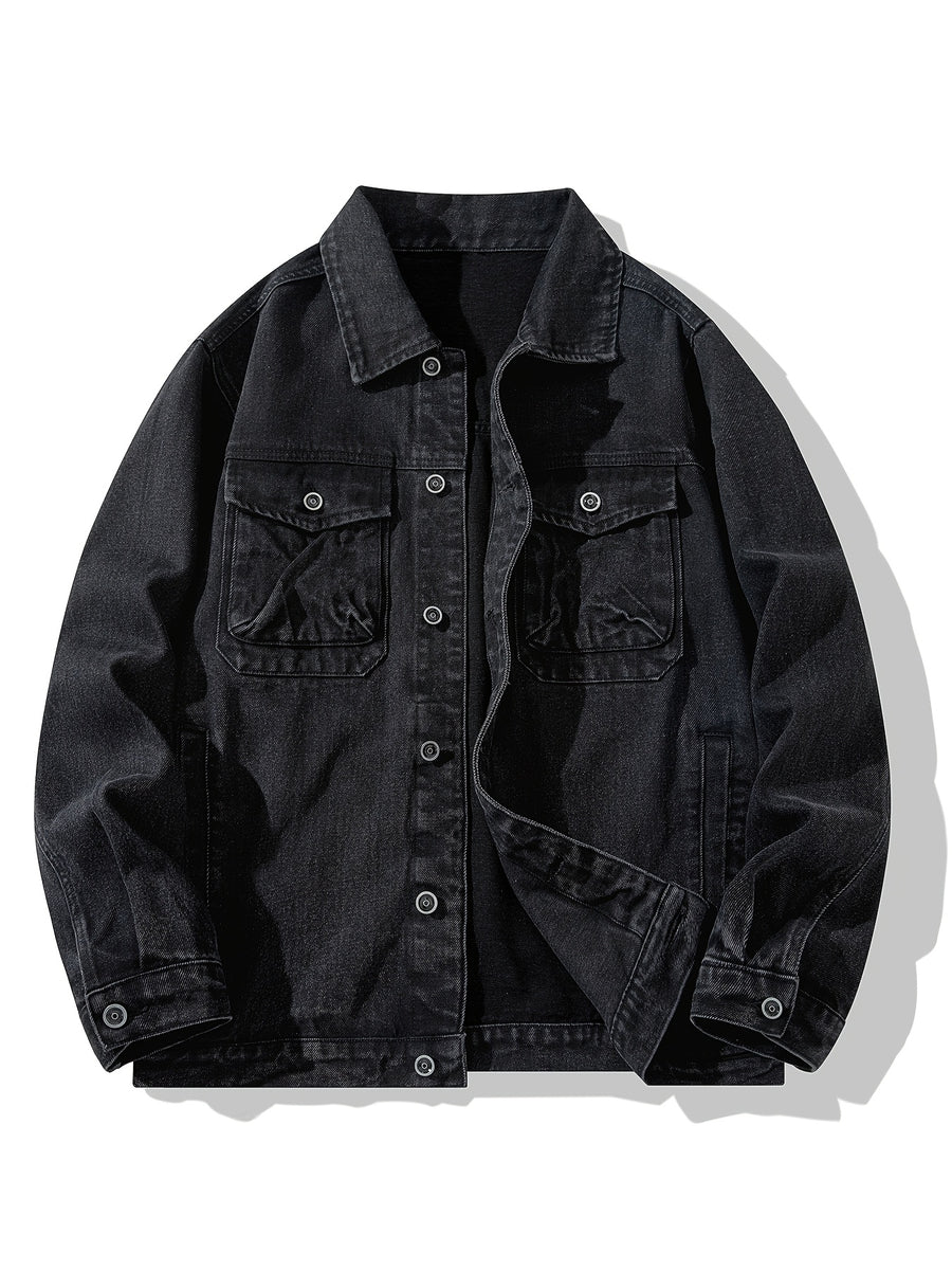 Men's Loose Fit Denim Jacket, Casual Street Style Multi-Pocket Long-Sleeve Cargo Jacket, Classic Vintage Washed Rugged Wear Durable Trucker Jacket, Breathable Comfy Outdoor Work Coat for Fishing Hiking Camping Climbing, Jeans Jacket - Denim Black