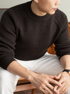 [Wading Whale OBM] 1pc Autumn/Winter New Thick Men'S Knit Pullover Sweater, Old Money Style Solid Checkered Ribbed Round Neck Long Sleeve Men'S Business Casual Fashion Sweater, Suitable for Spring, Autumn, Winter Layering Or Outerwear - Coffee