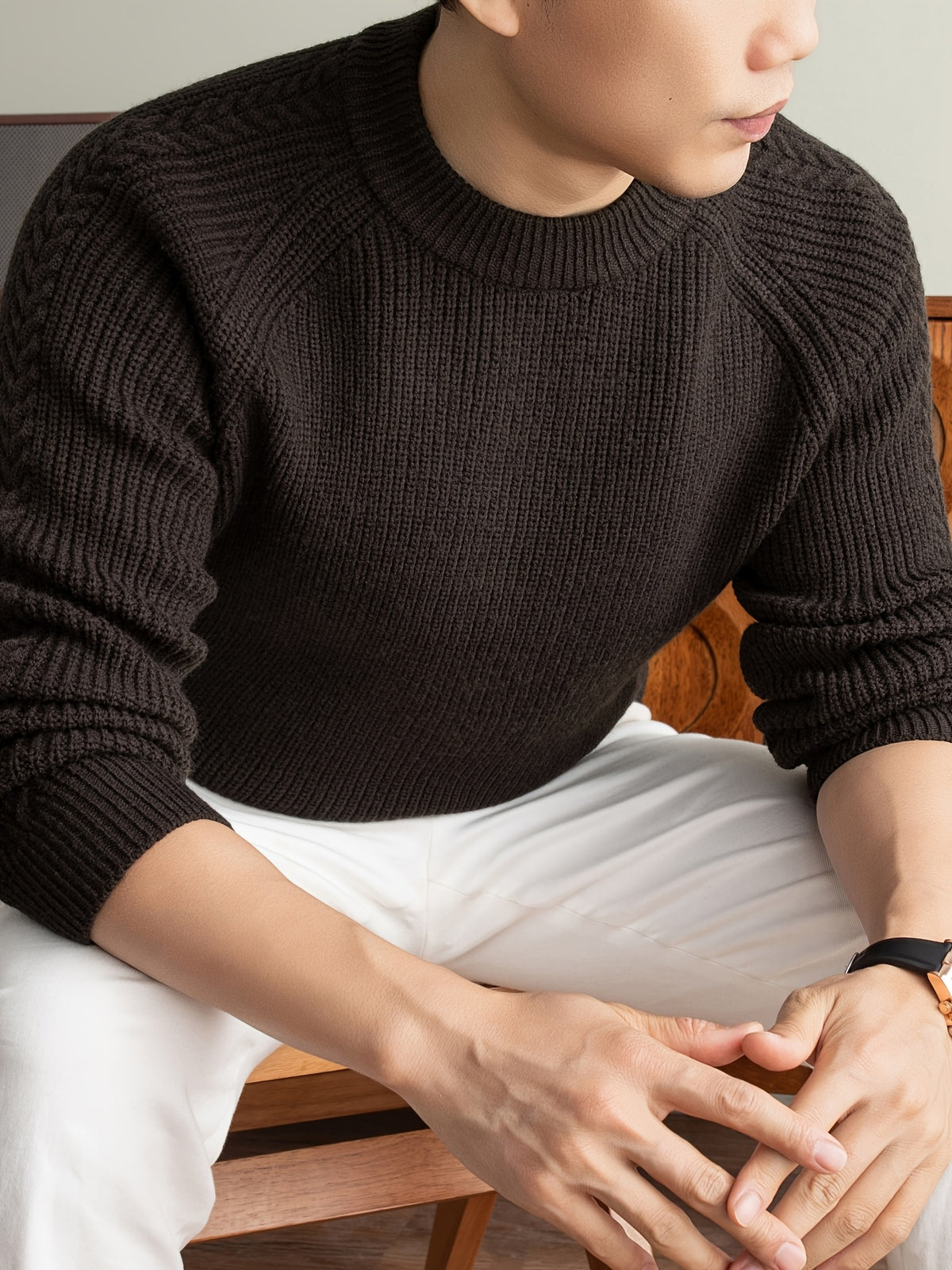 [Wading Whale OBM] 1pc Autumn/Winter New Thick Men'S Knit Pullover Sweater, Old Money Style Solid Checkered Ribbed Round Neck Long Sleeve Men'S Business Casual Fashion Sweater, Suitable for Spring, Autumn, Winter Layering Or Outerwear - Coffee